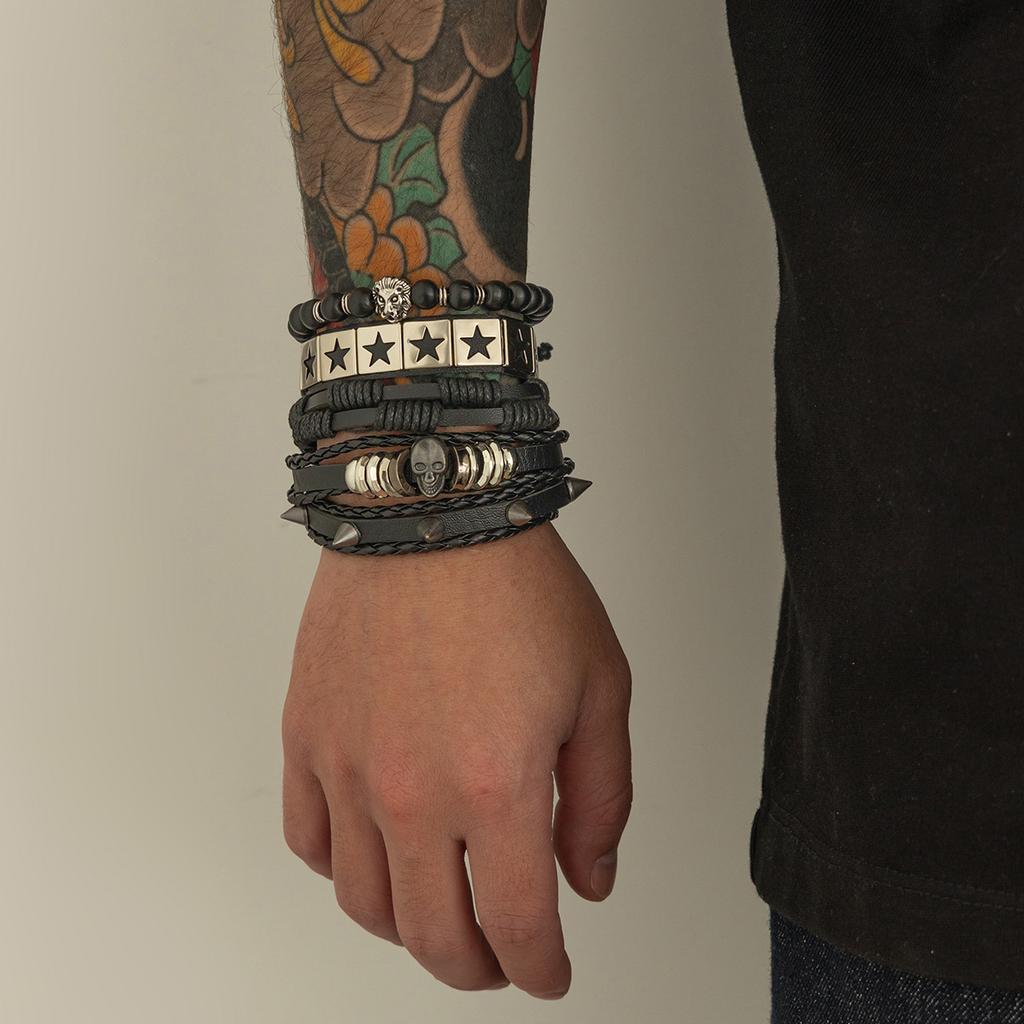 Five-Pointed Star Leather Bracelet for Men, Trendy Hip-Hop High-End Feel, High Street Men's Skull Rivet Bracelet, Hand Jewelry
