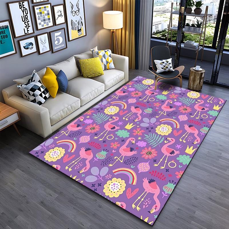 Colorful Flamingo Print Carpet with Flowers and Rainbow Design Suitable for Use As an Anti-slip for Living Room Bedroom Sofas