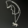 Long Chain Horse Pendant Pearls Necklace Designed for Easy Layering Alongside Other Chains in Fashion Styles