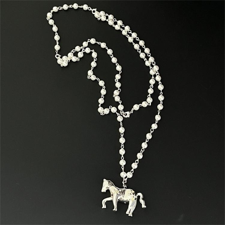 Long Chain Horse Pendant Pearls Necklace Designed for Easy Layering Alongside Other Chains in Fashion Styles