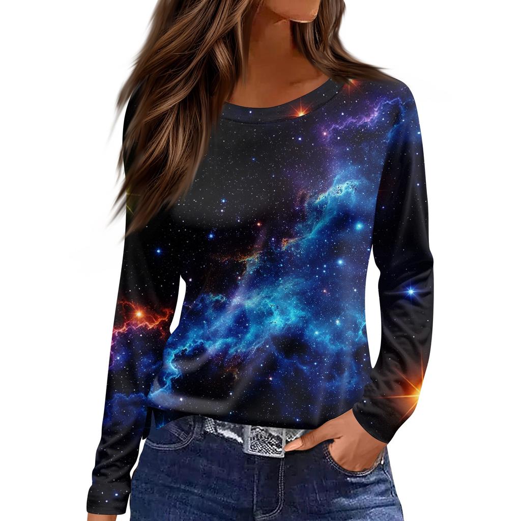 Women's Fashion Casual Slit Hem Round Neck Long Sleeve Loose Printed T,Shirt Ladies Top