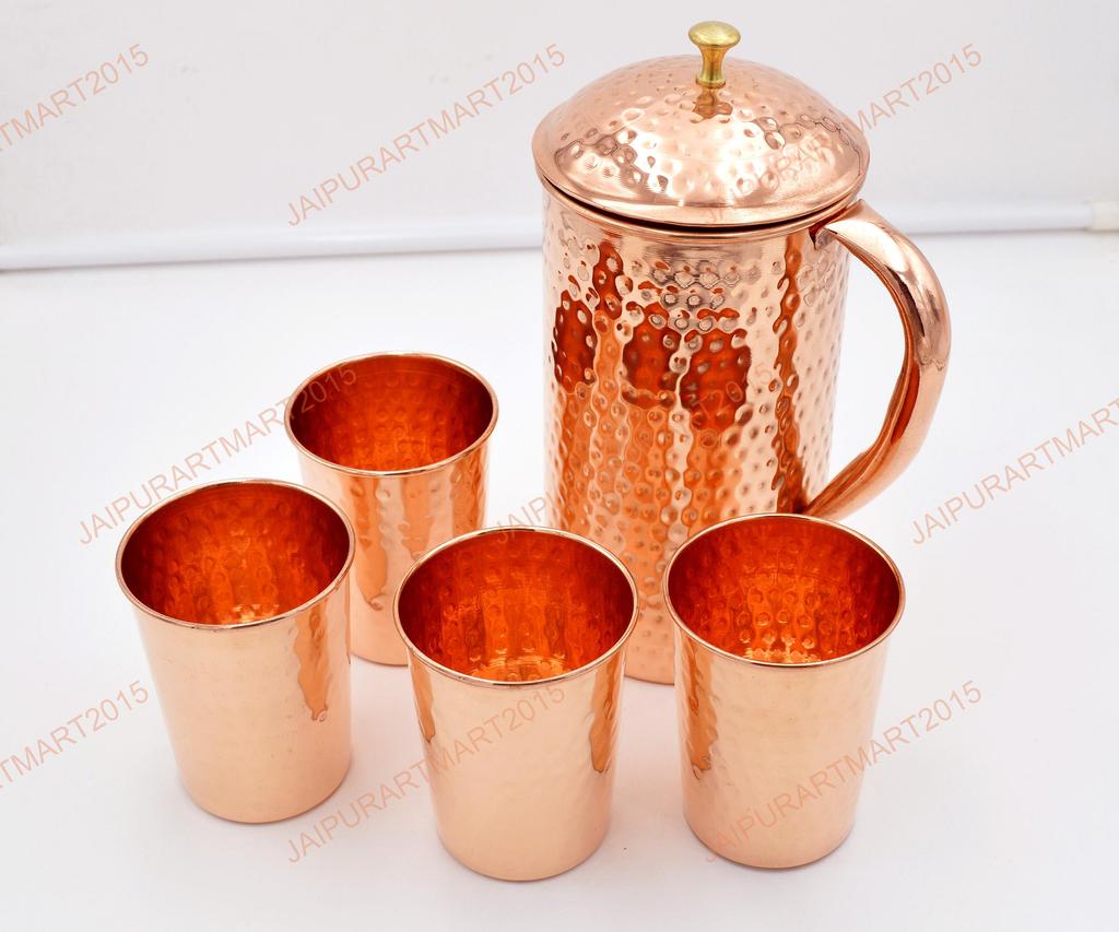 Handcrafted 1.5L Copper Water Jug with 4 Matching 250ml Glasses – Ayurvedic Health Benefits, Elegant Hammered Design