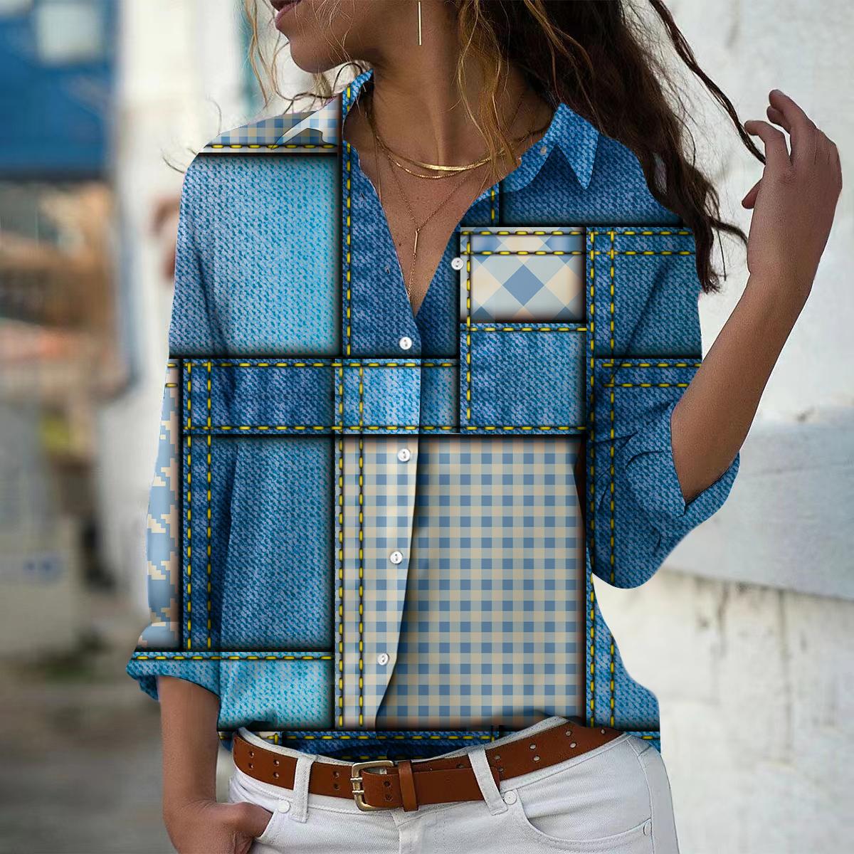 

Джинсовый принт Женская блузка весна осень женская офисная женская рубашка на пуговицах с отложным воротником 6XL светло-синий