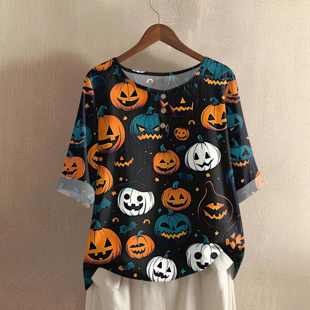 Damen Modisches Und Lässiges Shirt Halbarm Rundhals Print Baumwolle Und Leinen Bluse Top