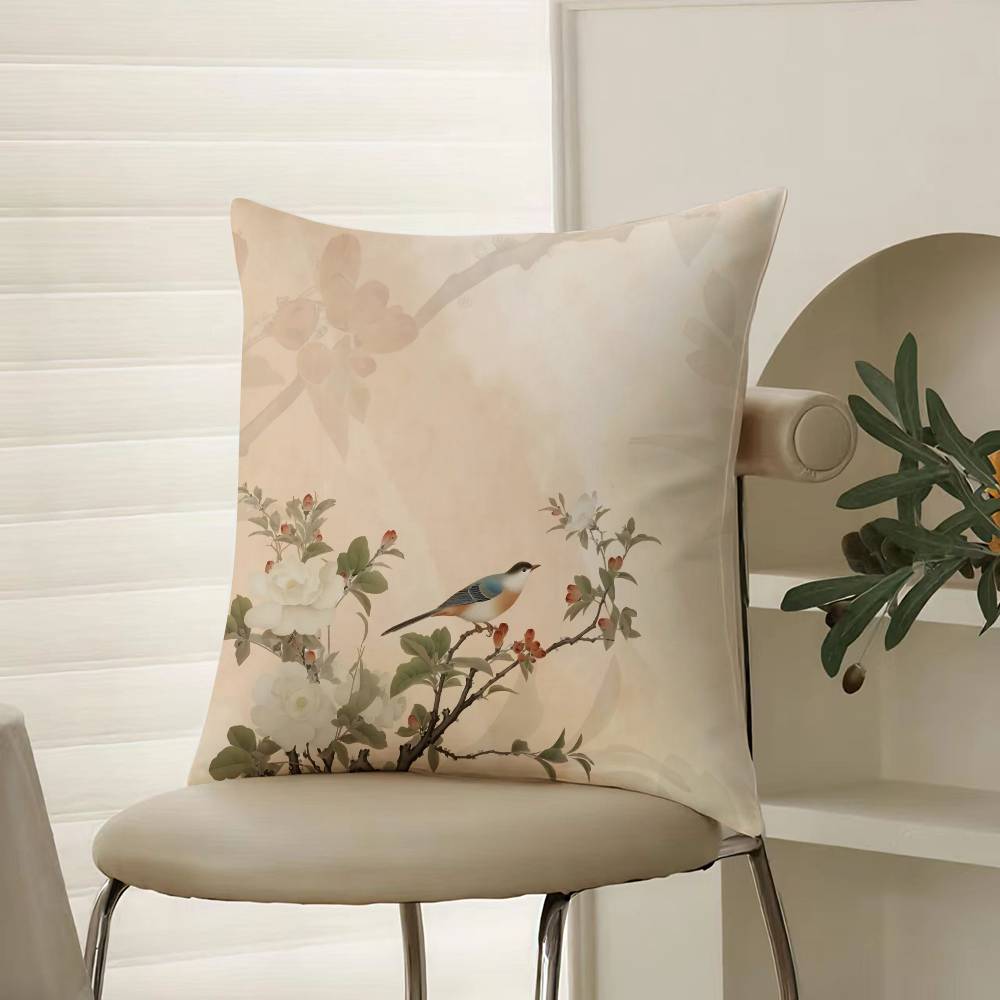 Chinese Style Simple Bird Flowers Pillow Case Comfort Sofa Bed Silky Elegant Invisible Zipper Decorative Cushion Cover