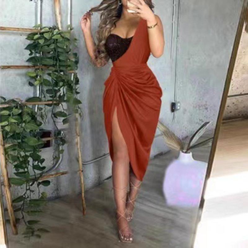 Split Pleated Single Shoulder Evening Dress