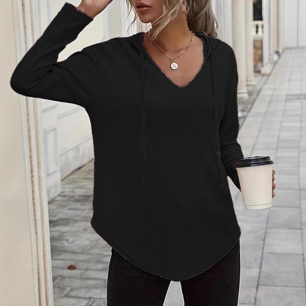 Elegant 2025 V-Neck Women's Hoodie - Soft Long Sleeve Drawstring Sweatshirt