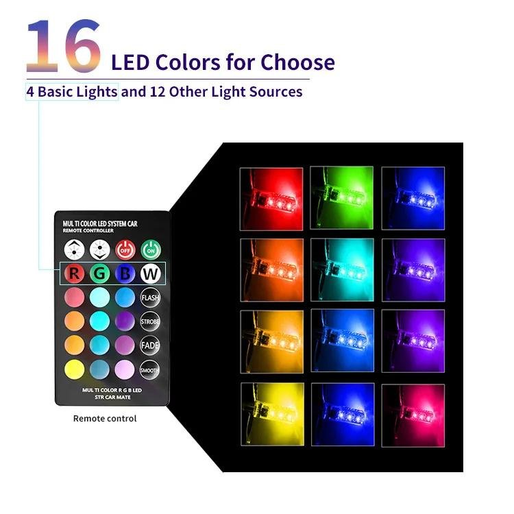 1 pereche de LED-uri pentru mașină, lumină largă, silicon T10 RGB 5050 6SMD, luminozitate ridicată, 7 culori, cu telecomandă, 12 V, lumini mici intermitente