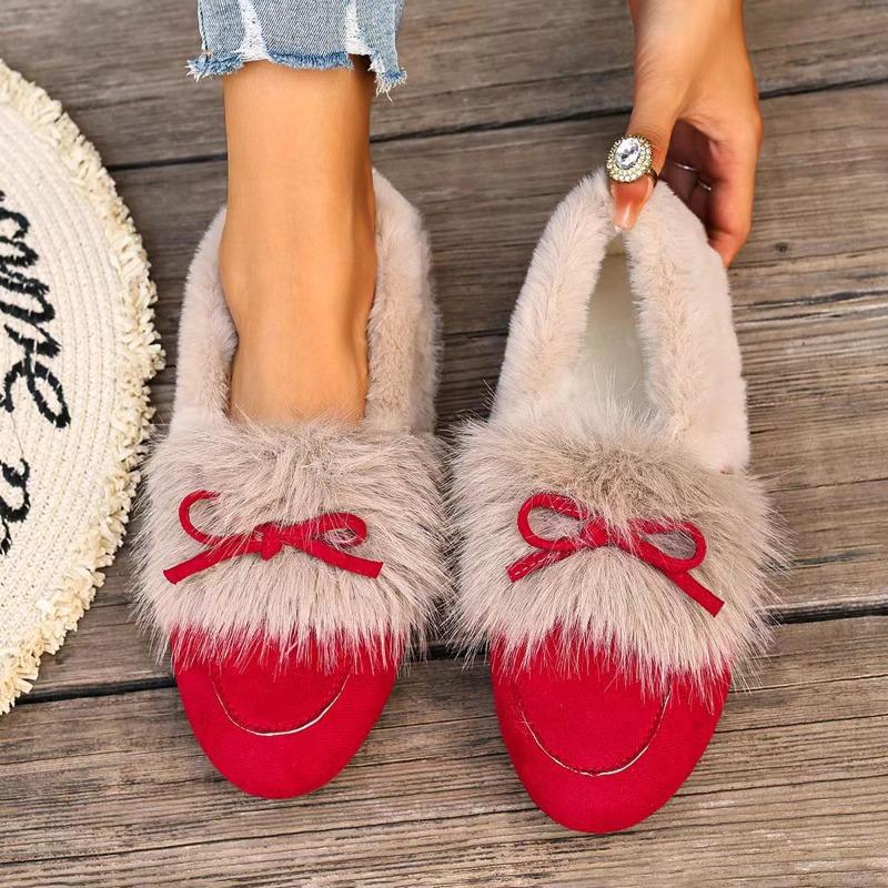 Dámské nové zimní korejský styl retro kožíškové mašle kulatá špička vícebarevné teplé bavlněné boty