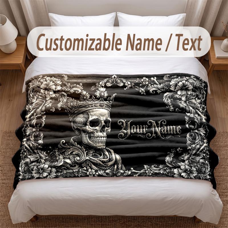 Skull Gothic Theme Soft Blanket Personalized Custom Name Text Print Warm Blanket Home Sofa Bedroom Decor