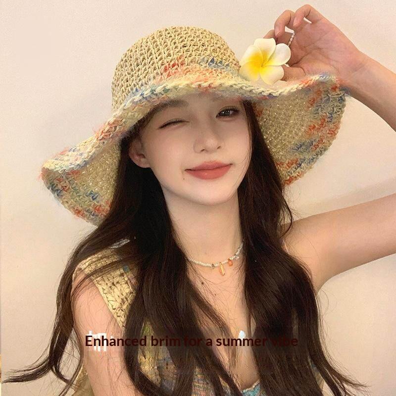 Summer Colorful Woven Straw Hat For Seaside Vacation Breathable Hollow Out Large Brim Uv Resistant Sun Hat