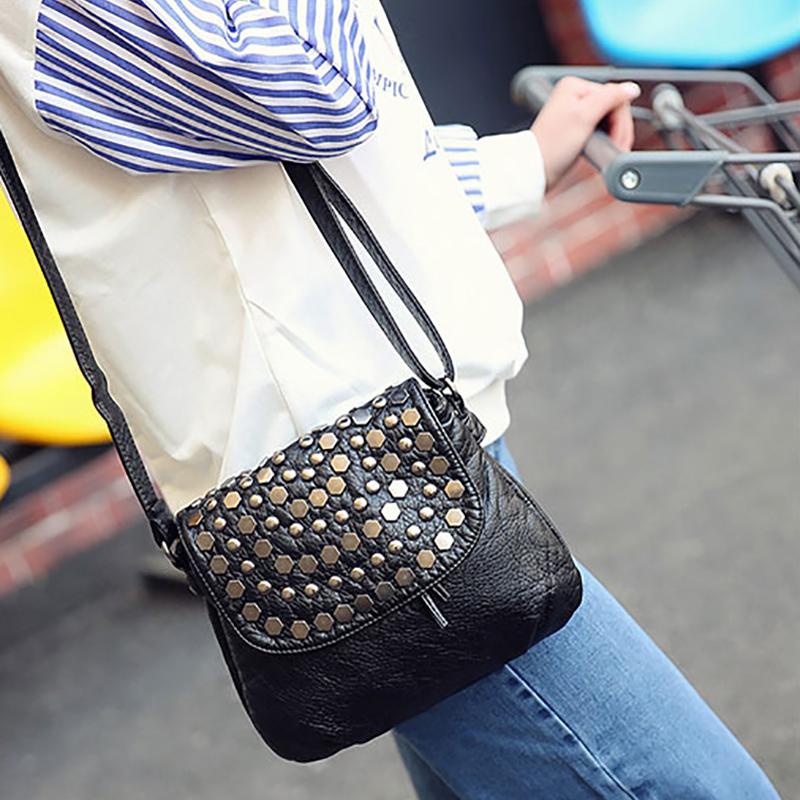 Soft Washing PU Leather Shoulder Bags for Women Black Color Rivet Handbag Crossbody Purse Female Flap Messenger Bags