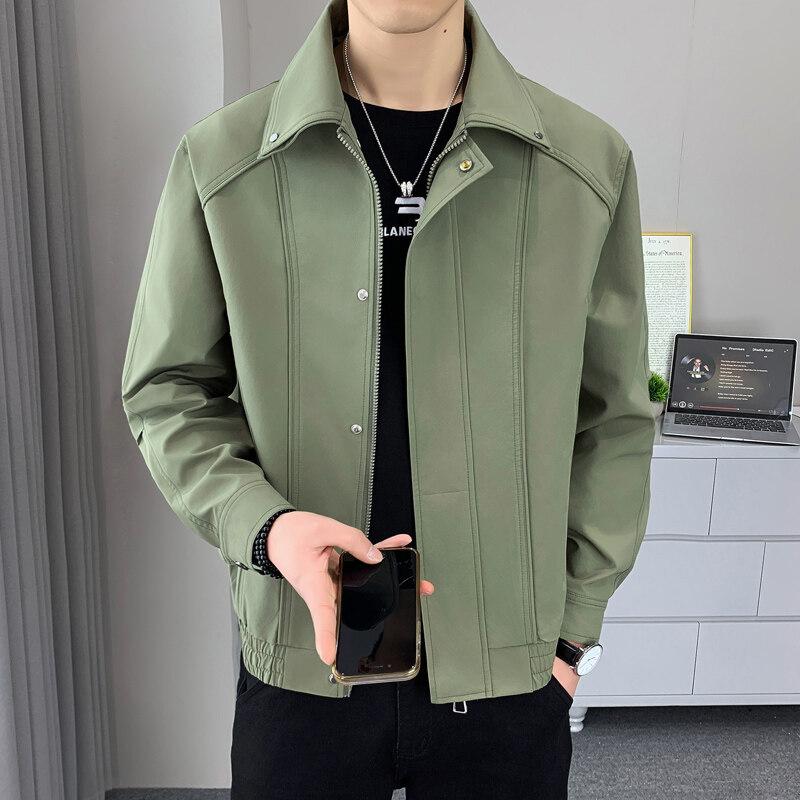 

Весенне-осенняя новая куртка мужская свободного кроя для улицы, для поездок на работу, простой повседневный стиль, дизайн с лацканами XL зелёный