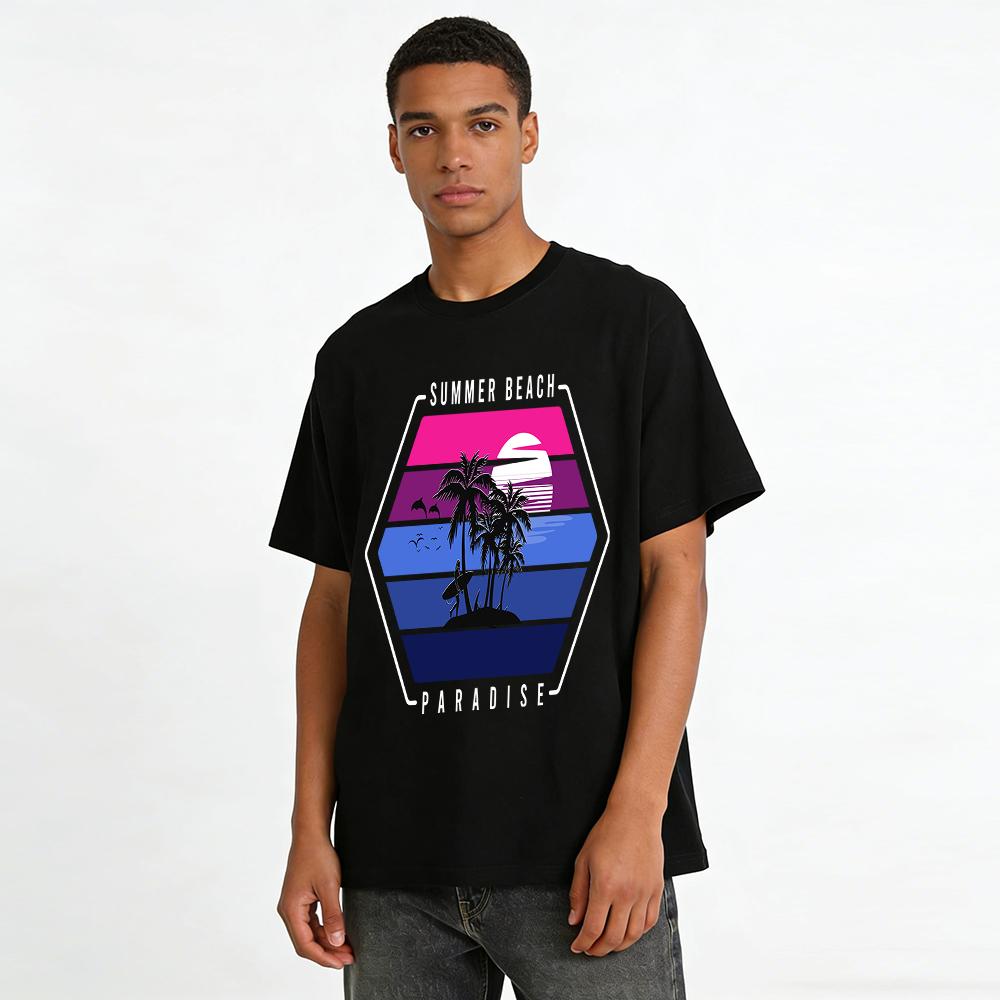 Tropical Island Surfing Sunset Print Casual Short Sleeve T-Shirt Pure Cotton T-shirt