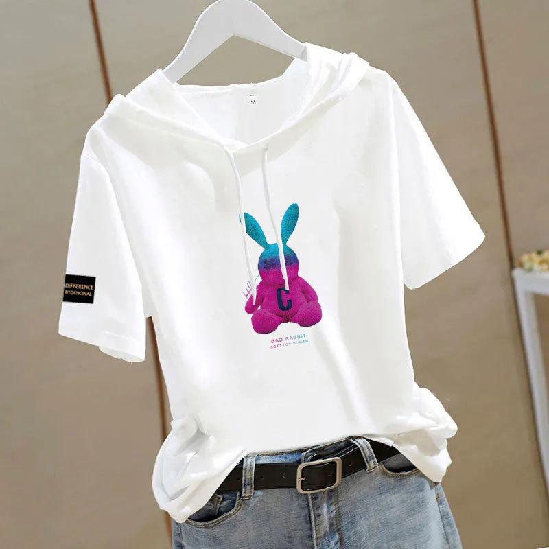 100% Cotton Ethnic Style Hooded Loose Short Sleeve Women's T-shirt - Summer Casual Versatile Top