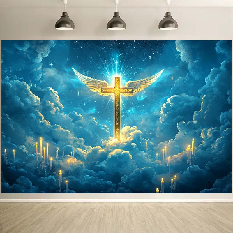1 golden cross wing and cloud candle religious background cloth - Baptism decoration, party background