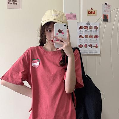 New Summer Loose Korean Version of Peach Letter Printing Simple Medium and Long Short-sleeved T-shirt Top Women's Trend