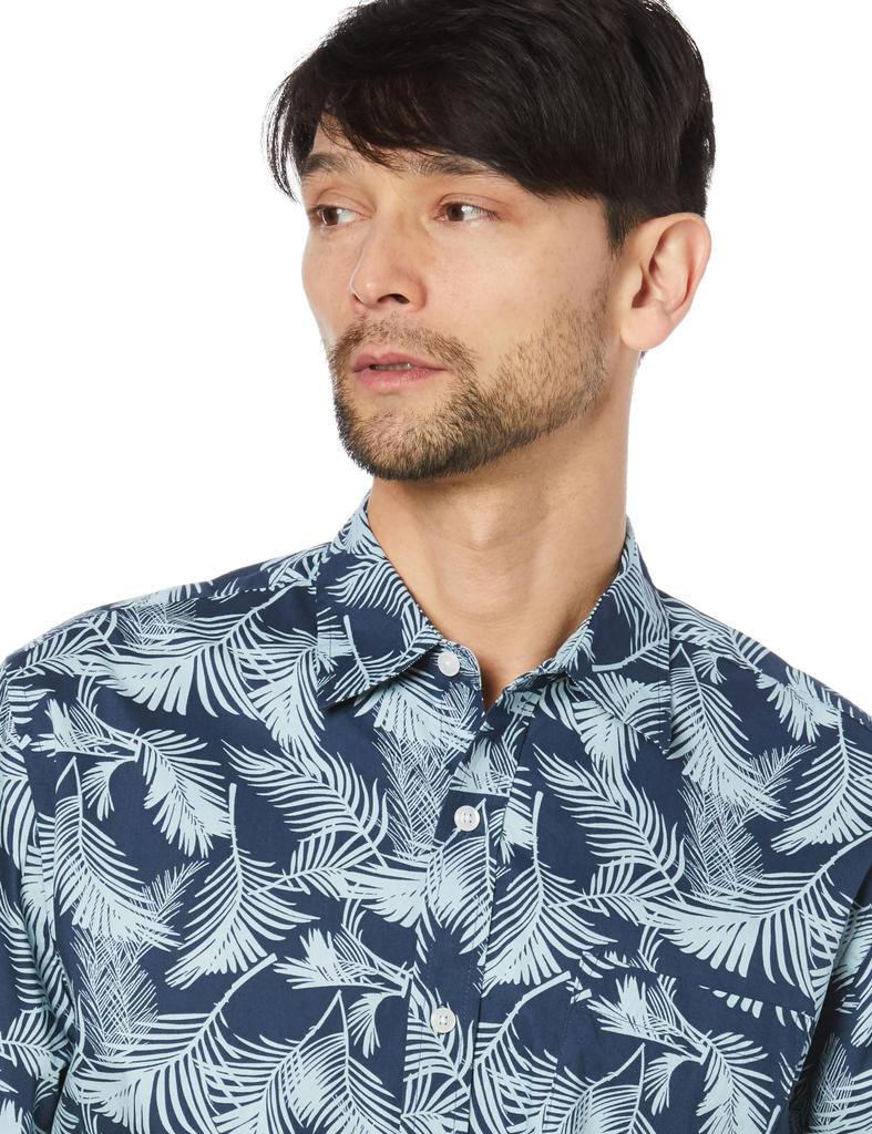 Amazon Essentials Regular Fit Short Sleeve Patterned Shirt in Navy Blue Sky with Palm Leaf Size XL Men's Design,