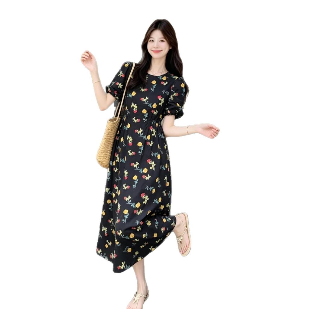 Korean Black Floral Dress Women's Summer Bubble Sleeves Waist Thin Gentle Wind French Retro Japanese Versatile Long Dress