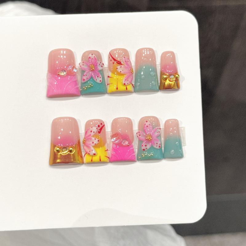 10Pcs Handmade 3D Flower Pearl Gradient Blush French Duckbill Press On Nails Set
