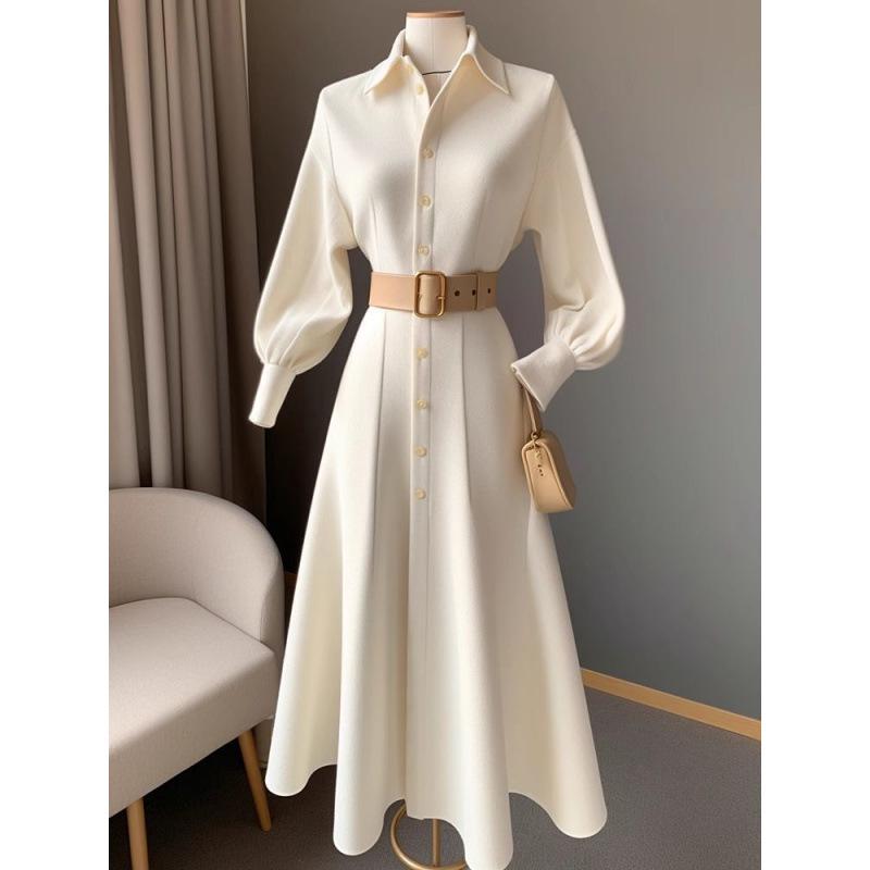 Chic Commuter White A-Line Dress: Korean Style Slim Fit for Autumn/Winter