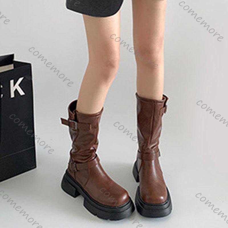 Fashion Comemore Vintage Thick Bottom Mid-calf Boots Women Autumn Soft Leather Western Short Bottes Femmes Chunky Heeled Boots for Woman