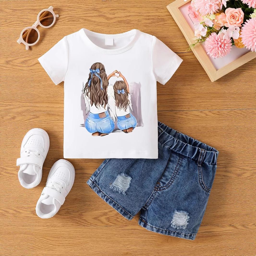 

Summer Style Round Neck Cartoon Back Pyrography Short-sleeved Top and Denim Shorts for Infants and Young Girls 69M белый