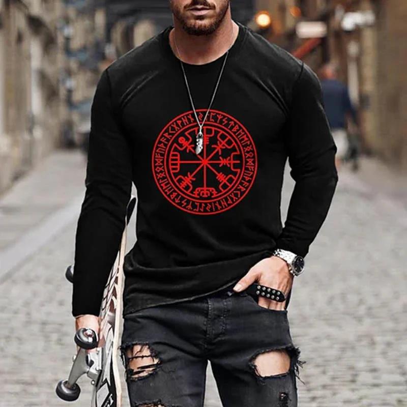 Men's Retro Viking Norse Mythology Totem 3D Printed Casual T-shirts Round Neck Fashionable Long Sleeved T-shirts