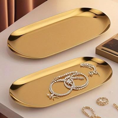 2pcs Oval Metal Jewelry Tray - Multifunctional Stainless Steel Cosmetic Storage Box, Bathroom Accessories Storage Box