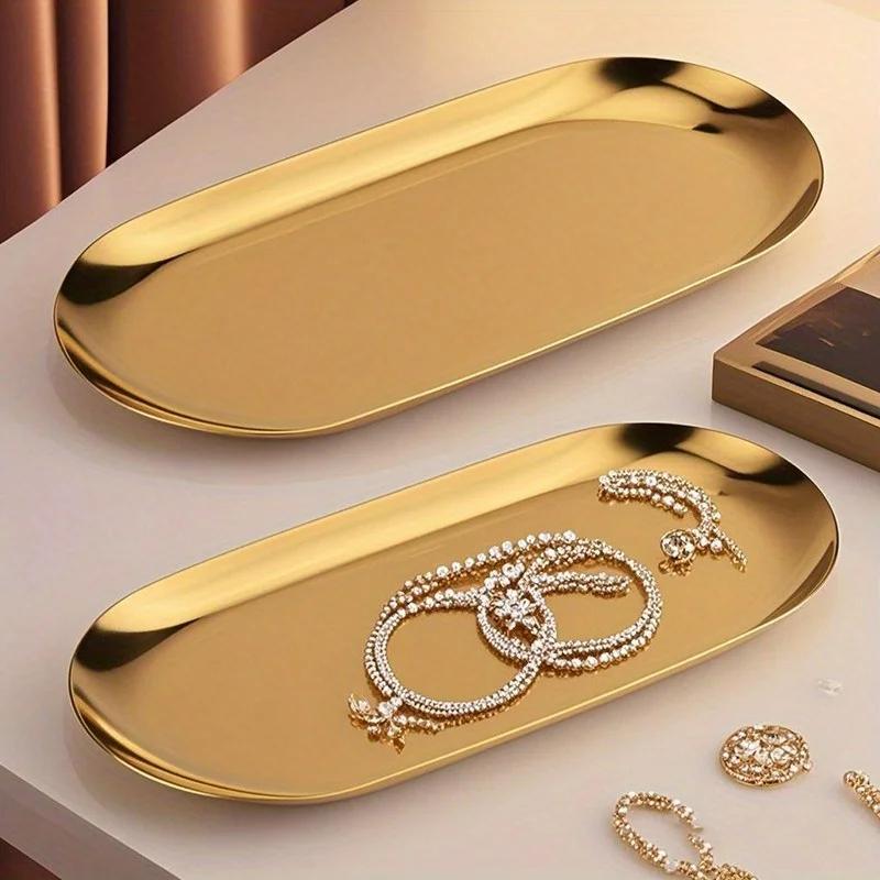 2pcs Oval Metal Jewelry Tray - Multifunctional Stainless Steel Cosmetic Storage Box, Bathroom Acssories Storage Box