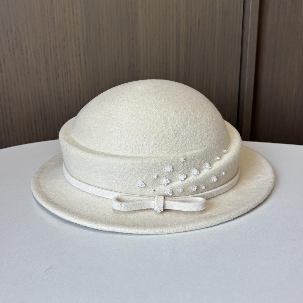 Celebrity Xiaoxiangfeng dome top hat elegant temperament bead bow wool woolen small edge basin hat autumn and winter felt hat