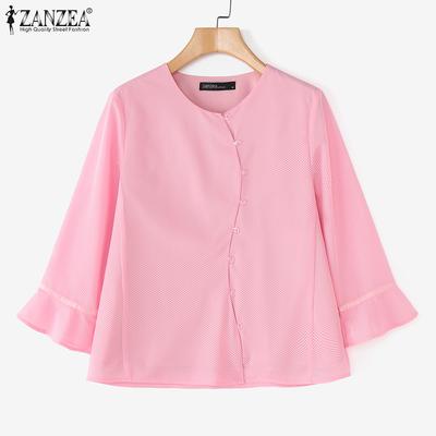 Women Casual Round Neck Solid Color Loose 3/4 Sleeve Blouse
