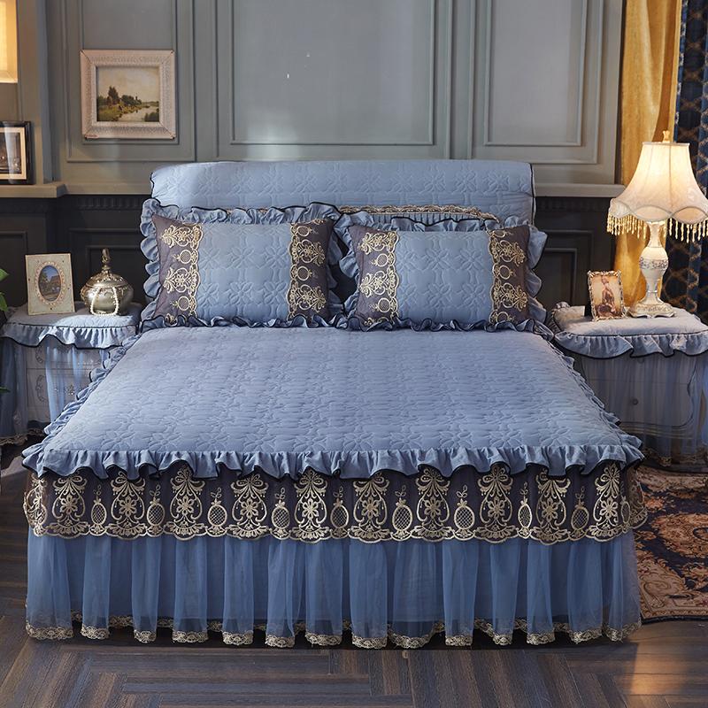 Luxury Lace Thickened Bedspread Solid Color Home Bed Skirt with Pillowcase Bed Sheet Skirt Embroidery European-style Bed Spreads