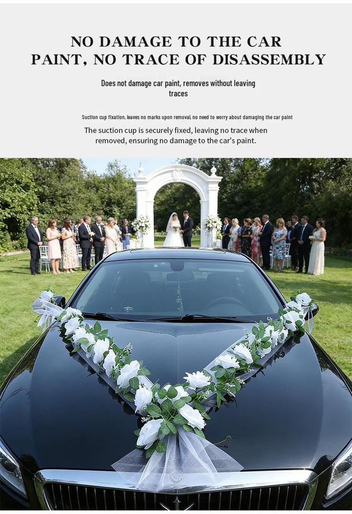 V-Shaped White Rose Wedding Car Decoration Set - Simulated Flowers for Car Hood & Veil Arrangement