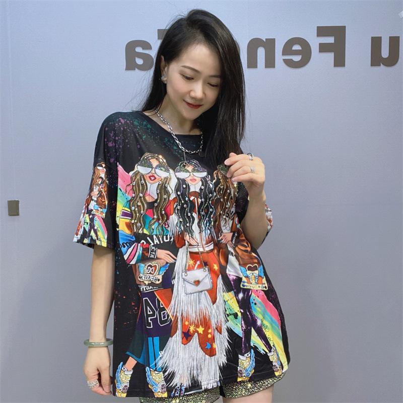 2025 Fashion Printed T Shirts for Women Summer Clothes Casual Colorful Character Diamonds Beading Female Short Sleeve Tops Tee