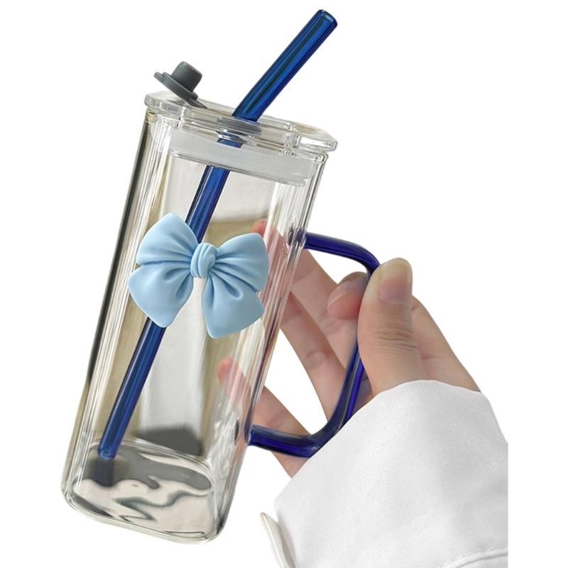 400ml quadratischer Glasbecher mit Strohhalm und Schleifenakzent Hitzebeständiger Wasserbecher für verschiedene Getränke