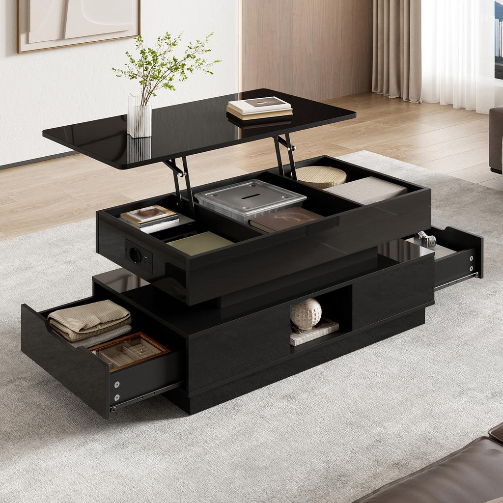 Coffee Table High-Gloss Height-Adjustable with Storage Space LED Lighting Socket Lift-Top Living Room Table Drawers Storage