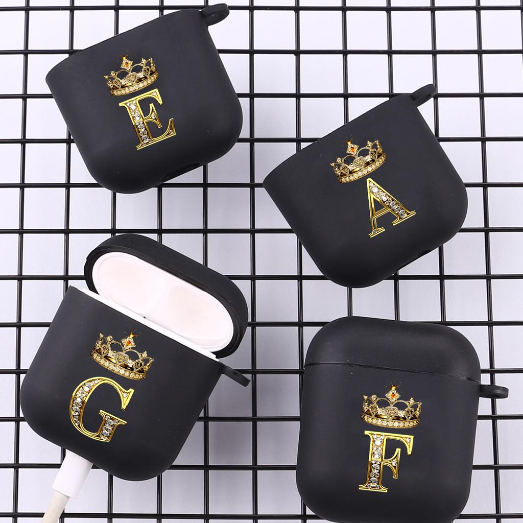Diamond Crown Letter 26 With Hook Case For AirPods 2 3 1 Cases For Apple AirPods Pro 2 Coque Black TPU Soft Earphone Cover