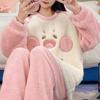 Plus Size Winter Women's Warm Fleece Pajama Set, Cute Cartoon Pattern Casual Loungewear Set