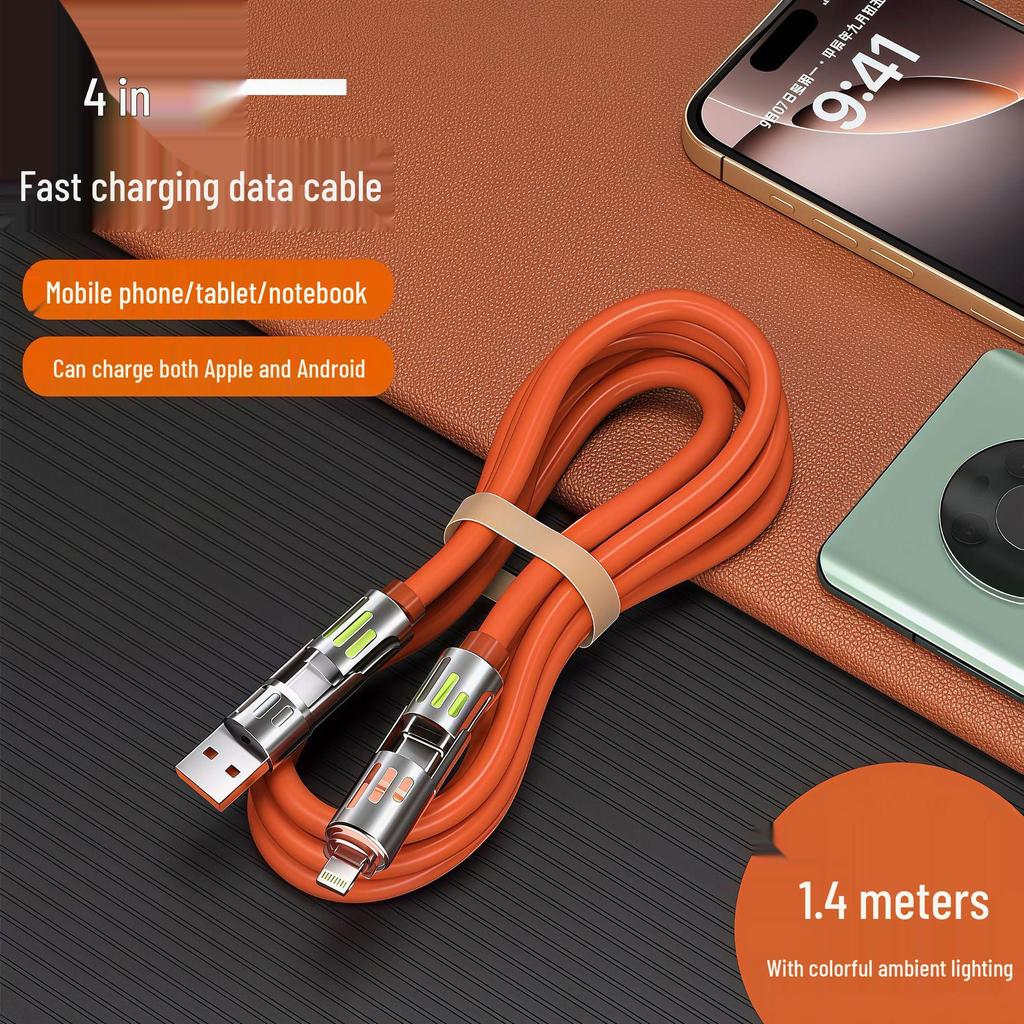 4-in-1 6A Fast Charging Cable with Running Horse Light for Apple, Huawei, Xiaomi, Samsung