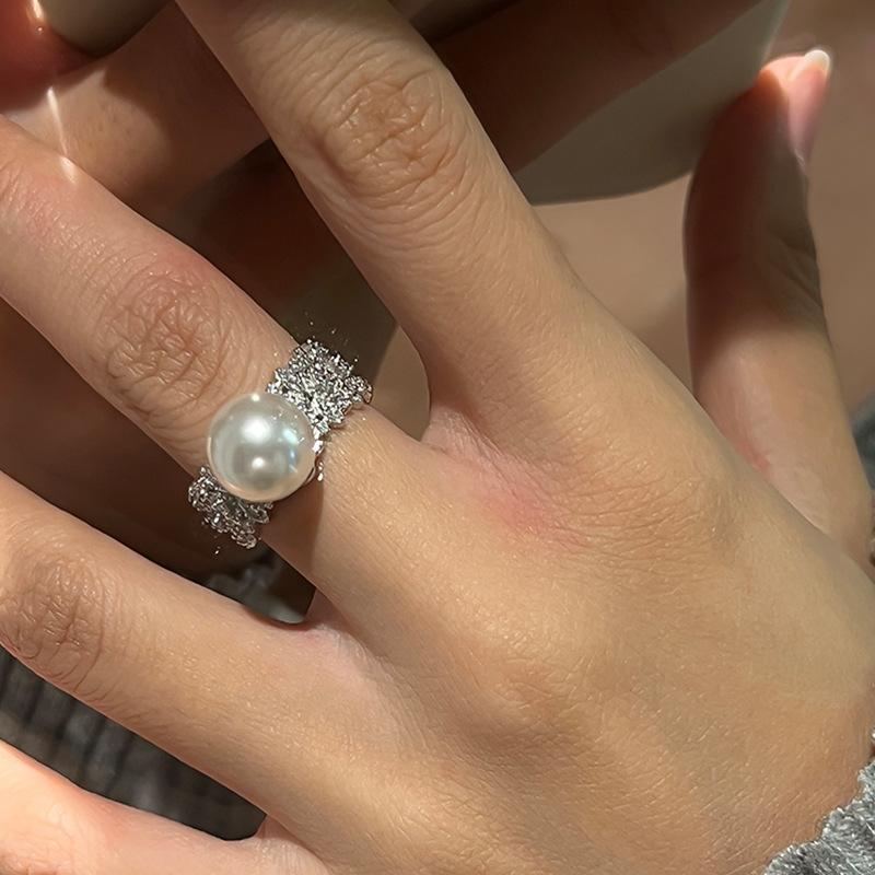 Heavy Industry Micro-Set Zircon Pearl Wide Open Ring Women'S Exquisite Unique Personality Fashion Temperament Ring Ring