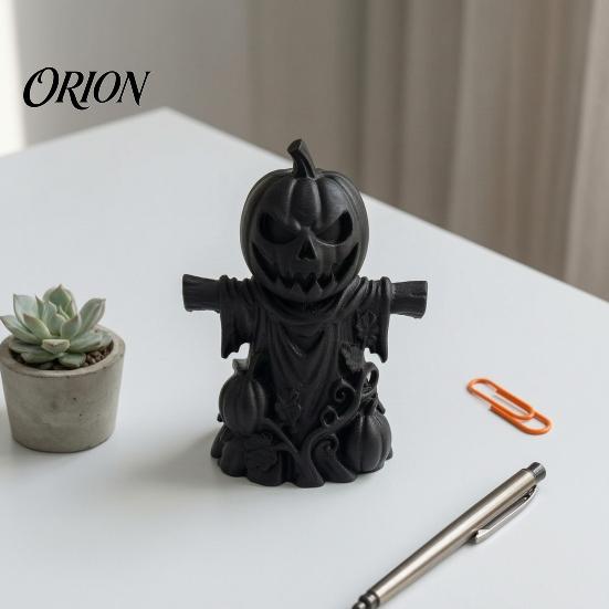 Small Resin Tabletop Decoration 3D Printed Pumpkin Scarecrow Figurine, Matte Black Halloween Handcrafted Carved Decor for Shelf Window Office, Spooky