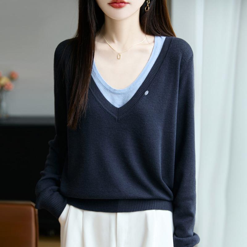 Women S V Neck Long Sleeve Knitted Fake Two Piece Sweater