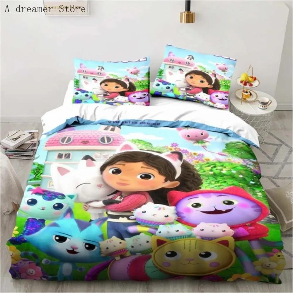 Gabbys Dollhouse Characters Bedding Set Cartoon Duvet Cover Pink Bedclothes Single Double Queen King Size For Girl Bed Set