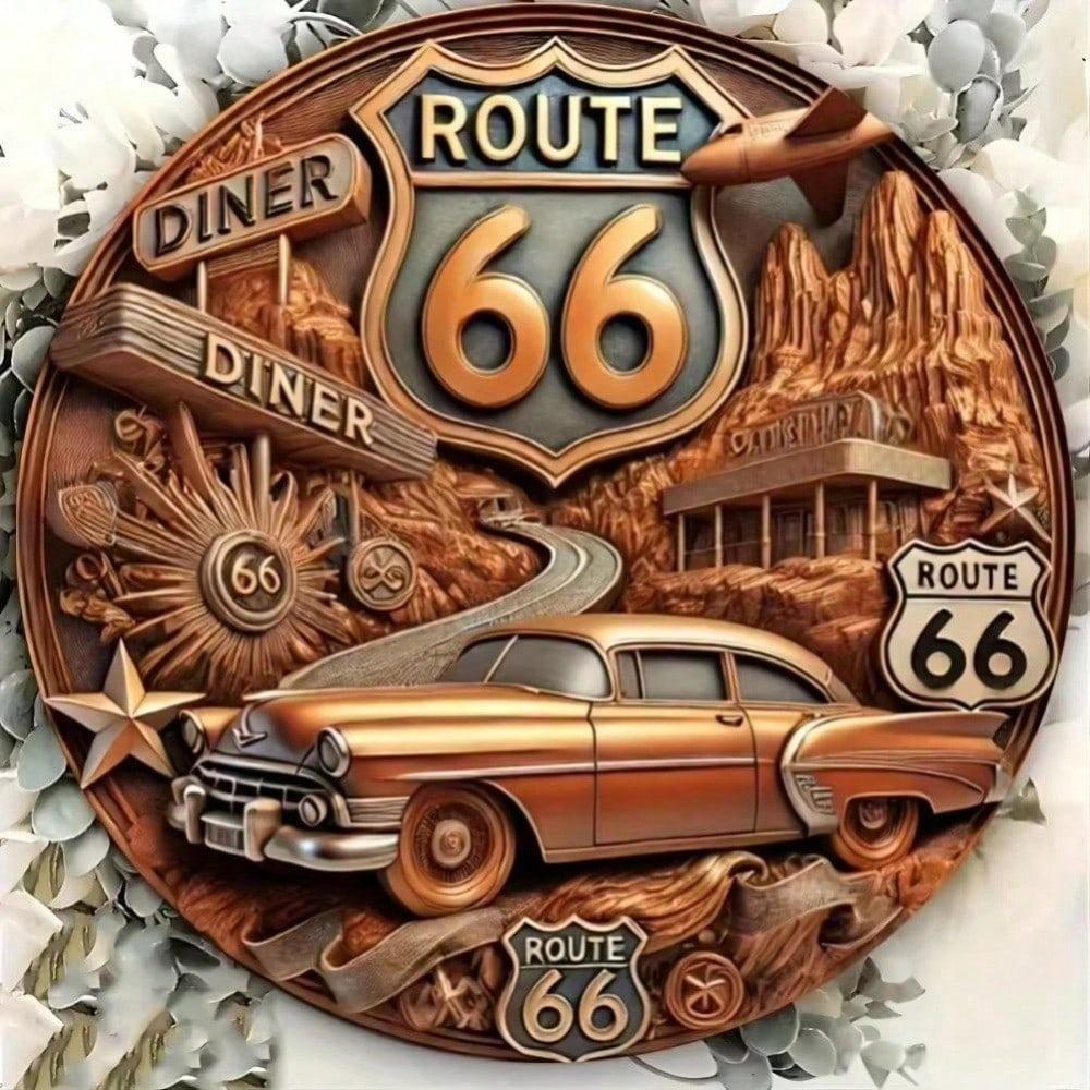 2D Route 66 Metal Sign, Vintage Tin Plaque for Bar Cafe Garage, Retro Wall Art Decor