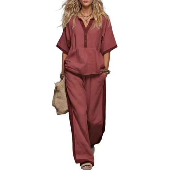 Conjunto de Algodón y Lino para Mujer, Verano, Cuello en V, Corte Holgado y Cintura Elástica, Pantalones Palazzo de 2 Piezas, Conjunto Casual Cómodo de Top y Pantalones de Pierna Ancha para el Hogar
