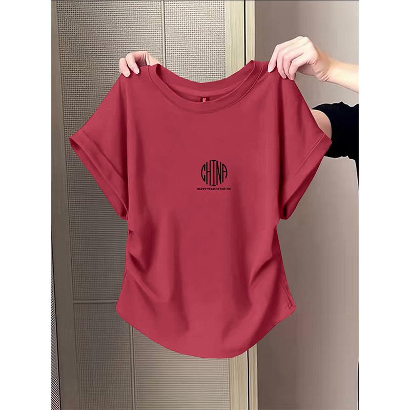 Pure cotton shoulder short-sleeved t-shirt women s summer new slim-fitting and thin meat-covering irregular pleated bottoming top M