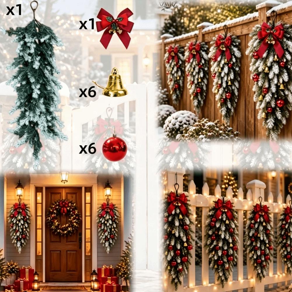 Plastic Norfolk Pine Garland Red Bow Holiday Wreath Set Luxury Set Christmas Decor Set Winter