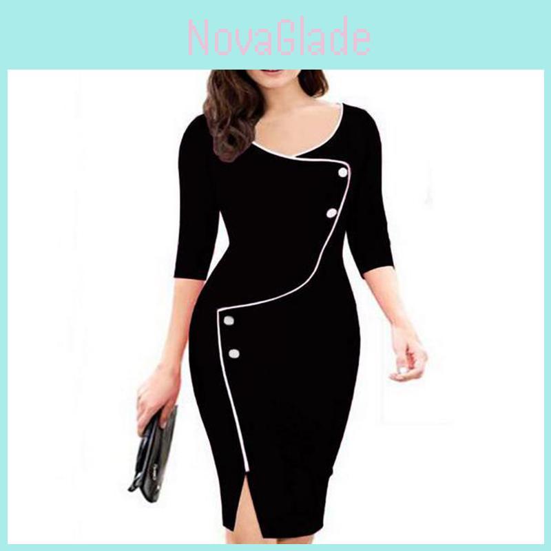 Versatile Womens Vintage Brief Split Bottom Dress With Chic Deep O-neck Style