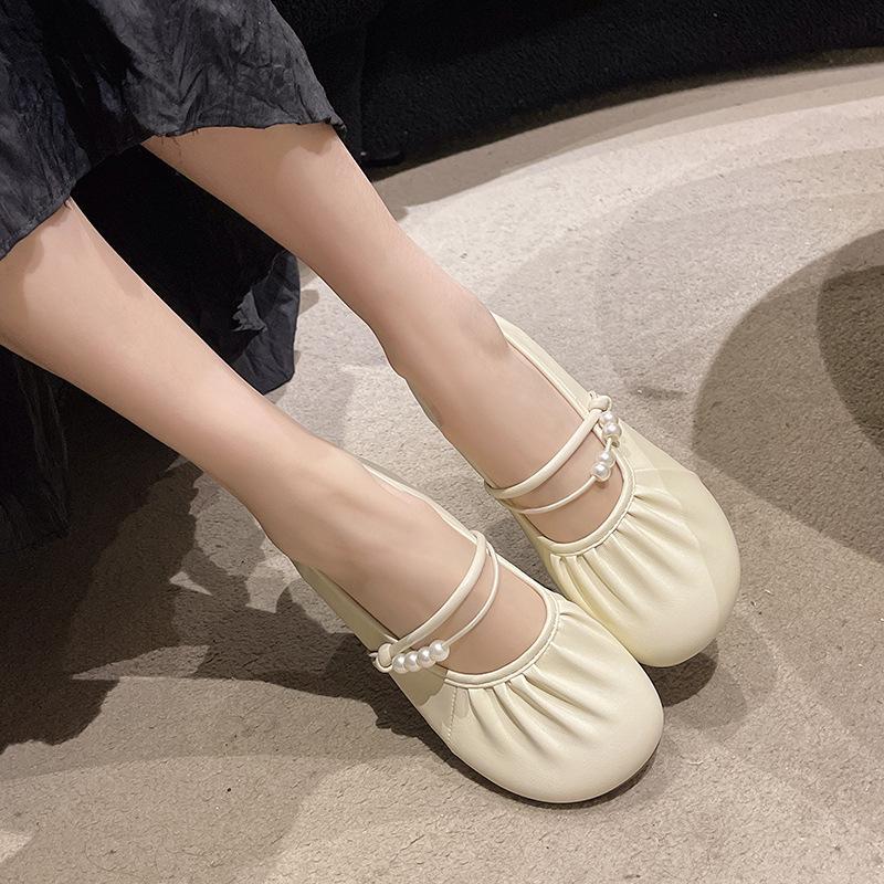 Damen Frühling flacher Mund Mary Jane Einzel Schuhe runder Kopf Schnalle ein Wort plissierter Temperament Gürtel retro